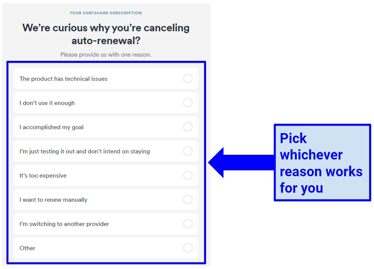 Screenshot showing reasons for canceling Surfshark's auto-renewal