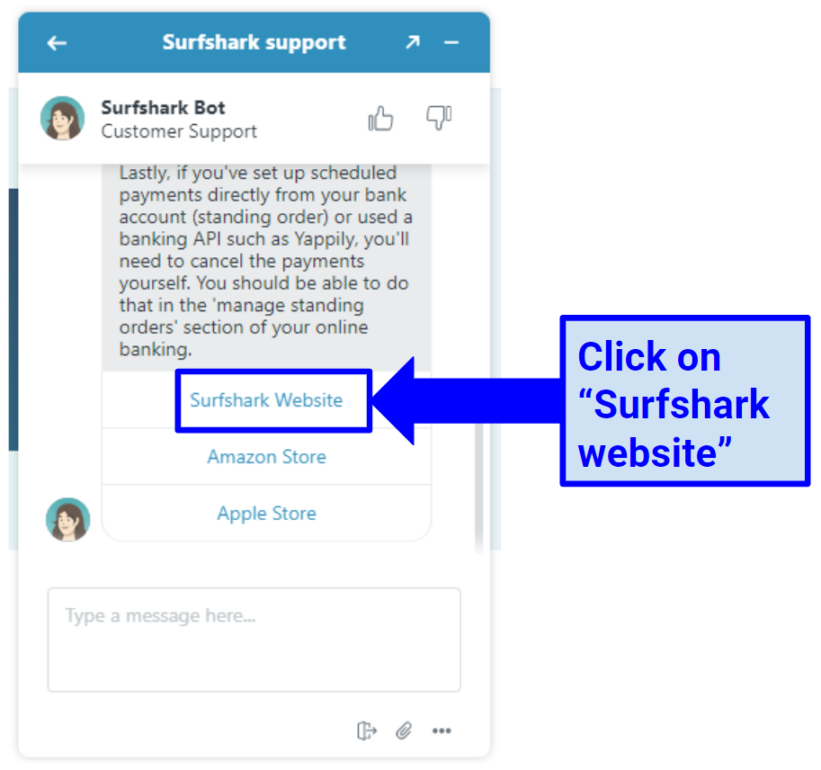 Screenshot of Surfshark's support asking a customer to choose where they bought a subscription