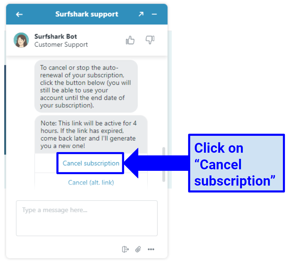 Screenshot showing the subscription cancellation link on Surfshark's live chat