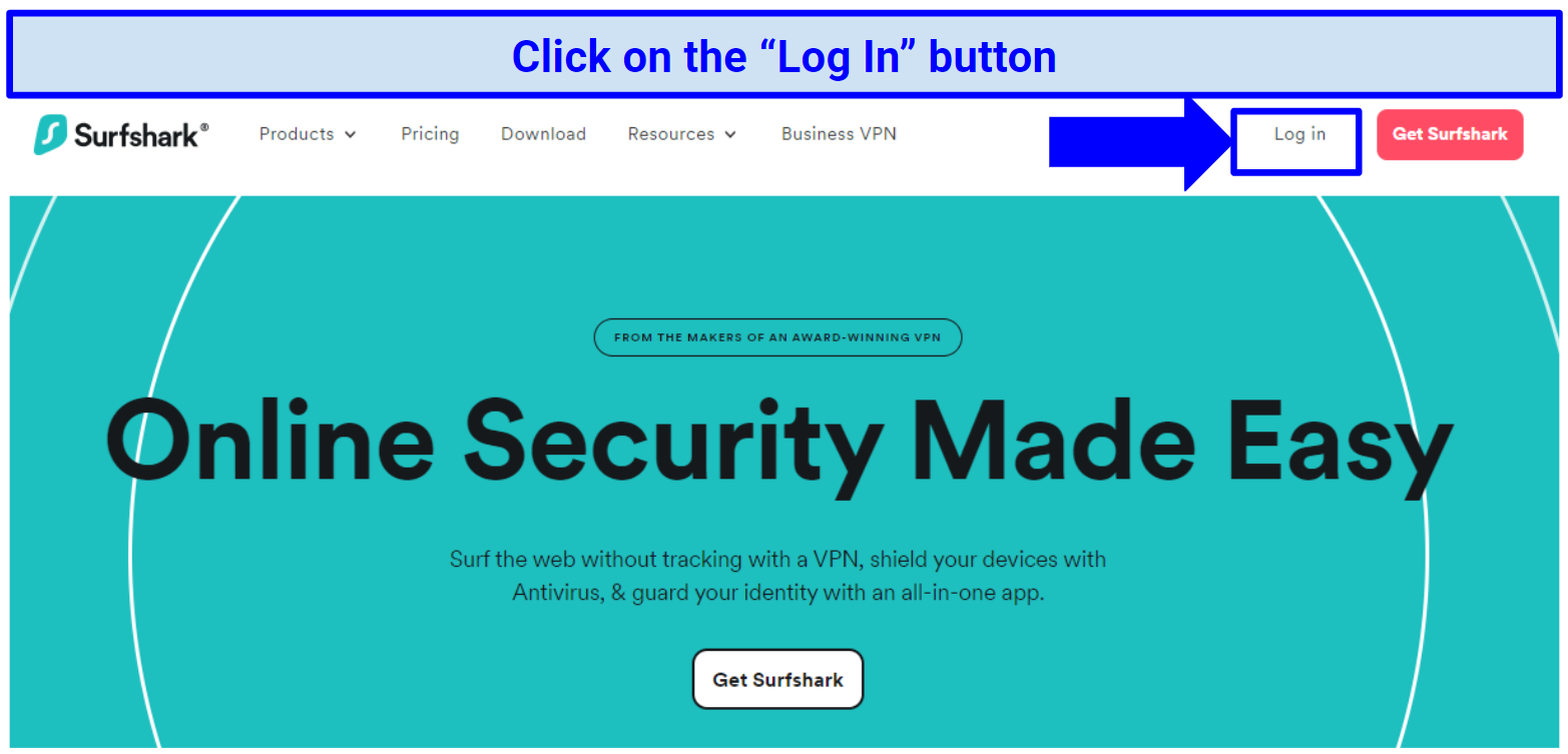 Screenshot showing how to log into your account on the Surrfshark website