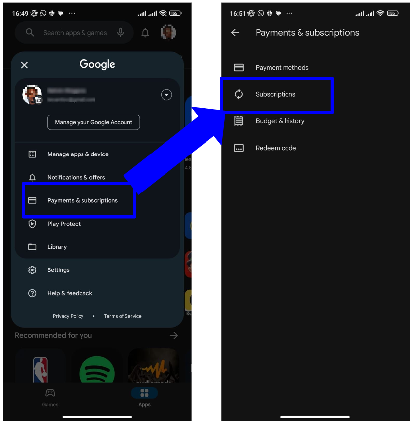Screenshot showing how to manage subscriptions on Google Play Store