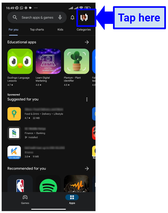Screenshot showing how to to access the account management menu on Google Play Store