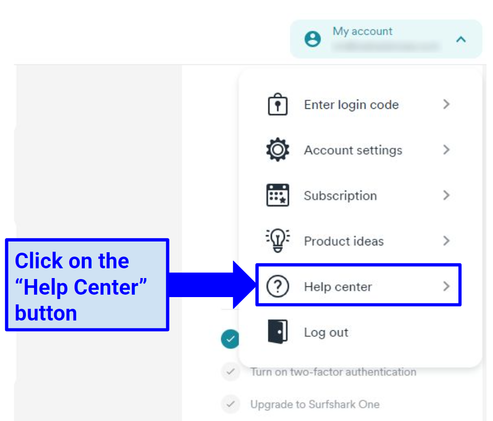 Screenshot showing how to access Surfshark's Help Center