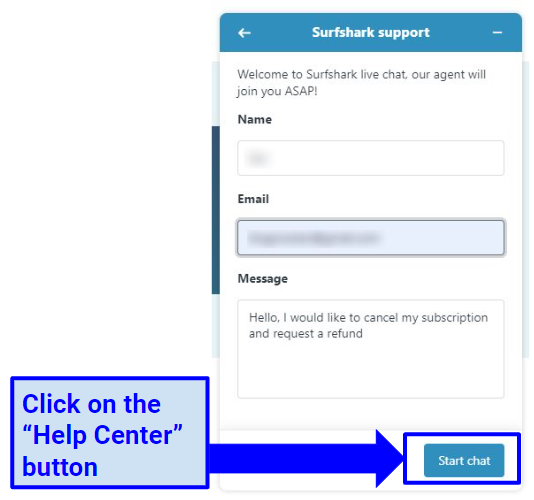Screenshot showing how to contact Surfshark customer support via chat