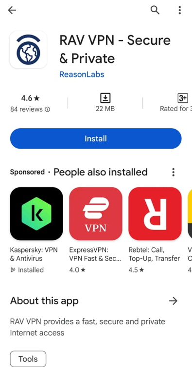 screenshot of download RAV VPN on Mobile