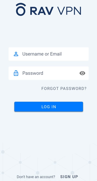 screenshot of a user logging in to RAV VPN