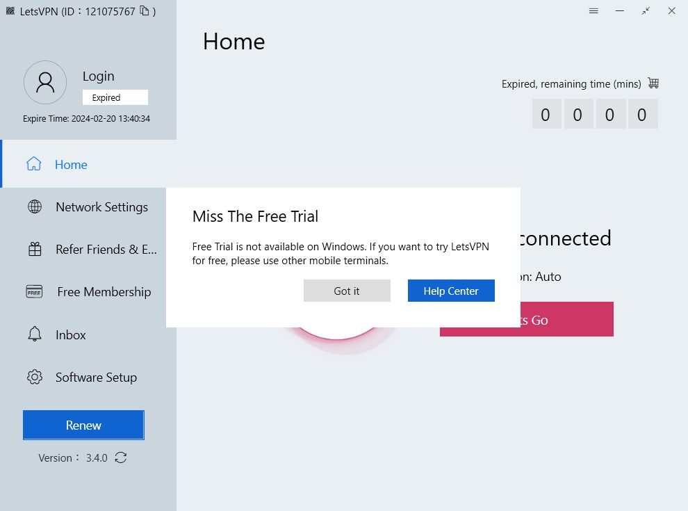 A snapshot of LetsVPN Window’s app dashboard showing how to connect 