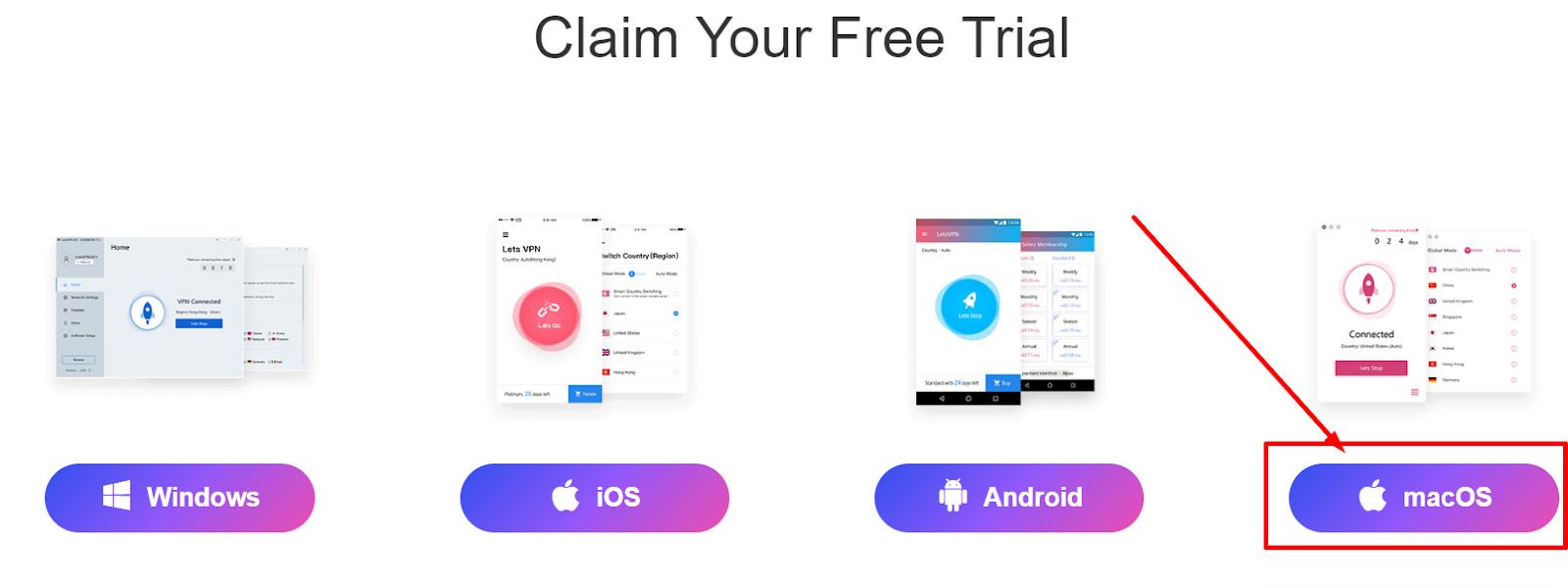 A snapshot of LetsVPN’s webpage showing how to download the macOS app