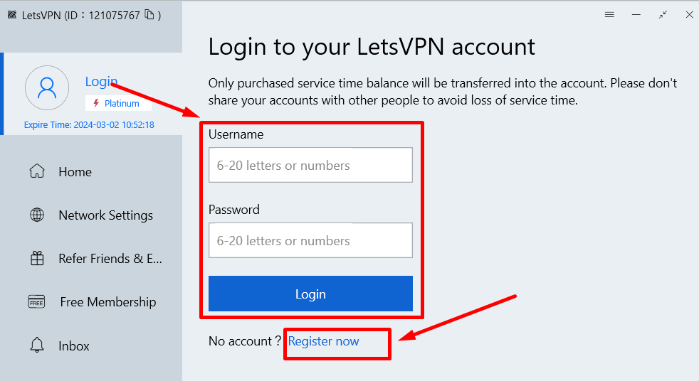 A screenshot of LetsVPN’s macOS’s app showing how to login/sign up