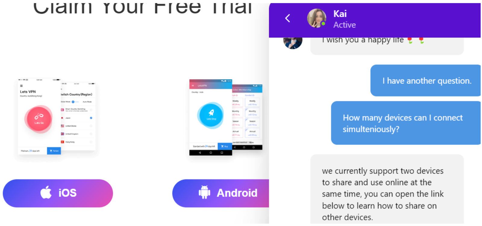 screenshot of customer support response on how many devices LetsVPN supports