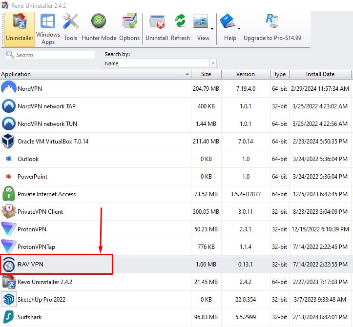 You can also uninstall RAV VPN from your computer using a third-party uninstaller. For this guide, I used Revo Uninstaller. 
