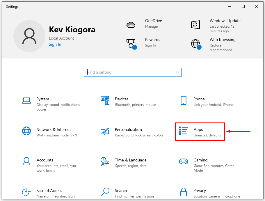 In the Settings window, look for the Apps section and click on it.