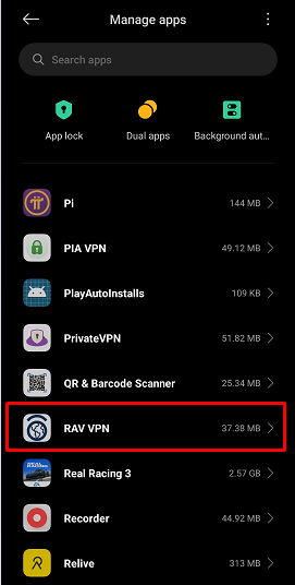 Scroll down and look for the RAV VPN app in the list.