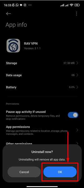 Tap OK to confirm you want to uninstall the RAV VPN app from your Android device.