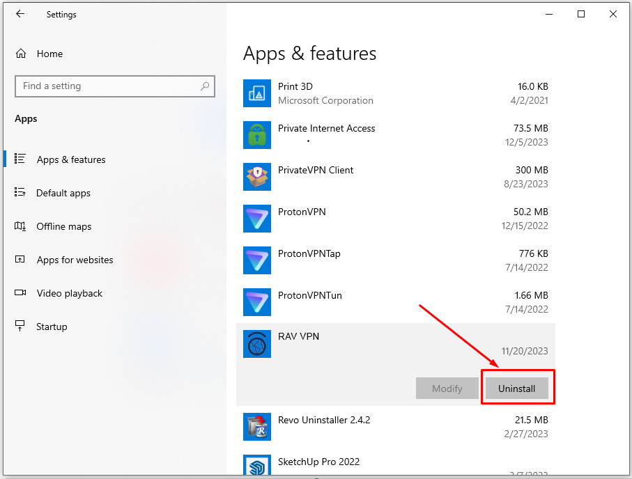 Click the RAV VPN icon, then click the Uninstall button. 