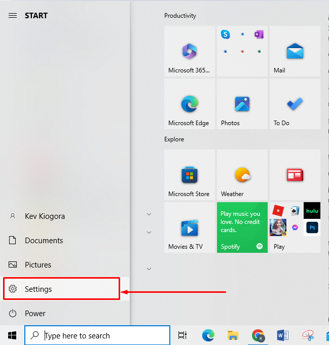 Click on the Start menu and select the gear-shaped Windows Settings icon to open the Settings app