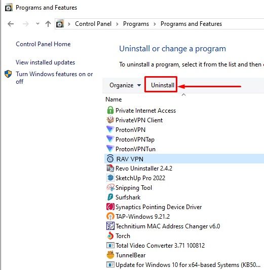 Click on RAV VPN to select it, then click the Uninstall button above the list of programs.